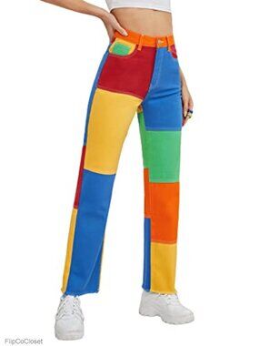 High Waisted Color Block Straight Leg Jeans Raw Hem Stretch Denim Pants